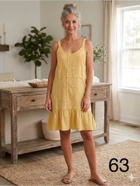 Magaschoni 100% linen Yellow Embroidered Linen Top with Pom Trim